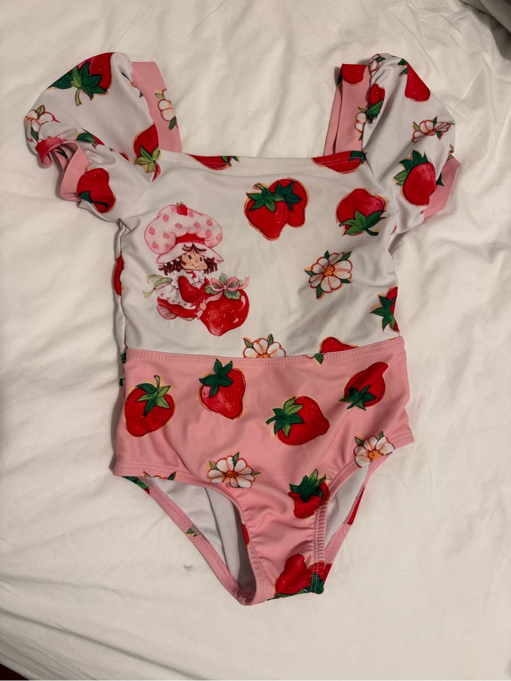 Girls Pink Strawberry Print One-Piece Swimsuit with Ruffle Straps